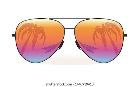 Sea and palm trees are reflected in sunglasses. Summer design. Vector illustration isolated on white background