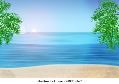 The sea, palm trees and tropical beach under blue sky. Vector illustration. EPS 10