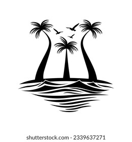 Sea with palm trees vector illustration on white background silhouette.