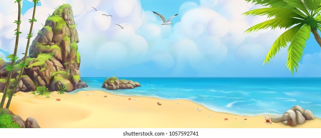 Sea panorama. Bay, tropical beach. Vector background