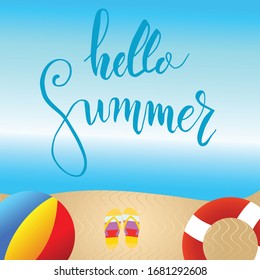 Sea panorama. Beautiful summer beach background, summer accessories on sandy beach