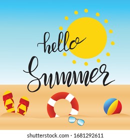 Sea panorama. Beautiful summer beach background, summer accessories on sandy beach
