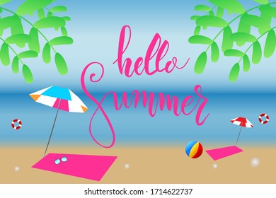 Sea panorama. Beautiful summer beach background, summer accessories on sandy beach. Beautiful palm branches.