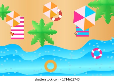 Sea panorama. Beautiful summer beach background, summer accessories on sandy beach. Beautiful palm branches.