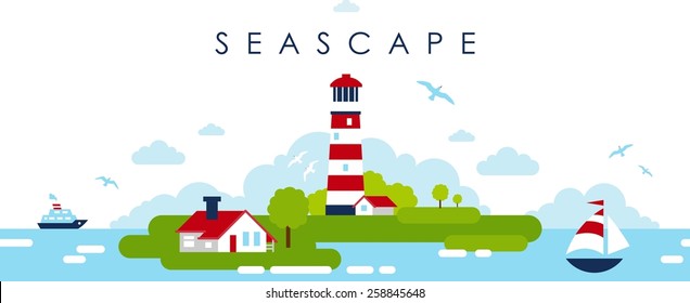 Sea panorama seamless background view with lighthouse on coast in flat style