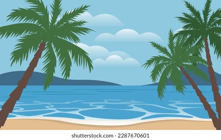 Sea panorama. Tropical beach with palms. Vector background