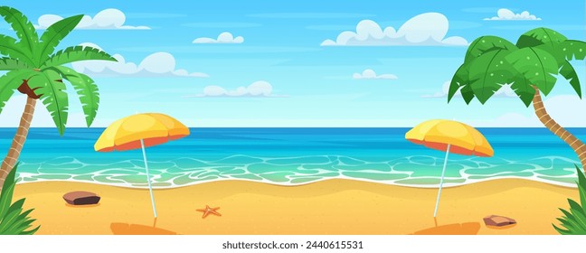 Sea panorama. Tropical beach. Seascape, vacation banner. Summertime on the beach. cartoon Palms and plants around. Vector illustration in flat style