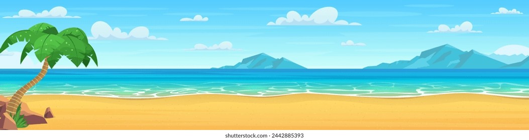 Sea panorama. Tropical beach. Seascape, vacation banner. Summertime on the beach. cartoon Palms and plants around. Vector illustration in flat style