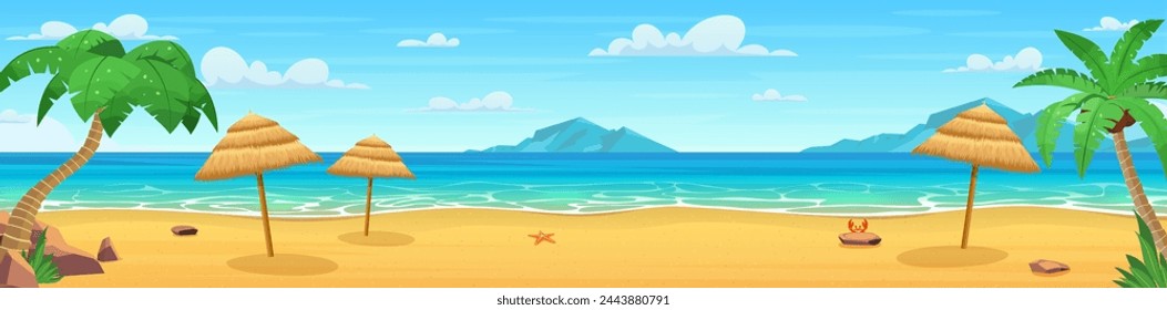 Sea panorama. Tropical beach. Seascape, vacation banner. Summertime on the beach. cartoon Palms and plants around. Vector illustration in flat style