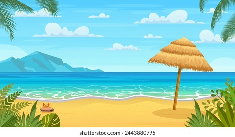 Vistas al mar. Playa tropical. Seascape, bandera de vacaciones. Verano en la playa. Palmas de dibujos animados y plantas alrededor. Ilustración vectorial en estilo plano