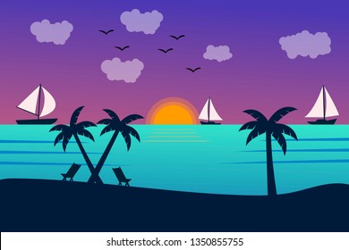 Sea panorama. Tropical beach. Summer landscape. Traval vacation and holidays concept. Vector background