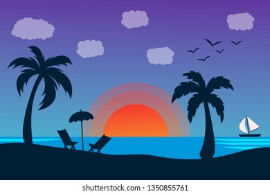 Sea panorama. Tropical beach. Summer landscape. Traval vacation and holidays concept. Vector background