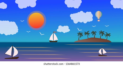 Sea panorama. Tropical beach. Summer landscape. Traval vacation and holidays concept. Vector background