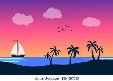 Sea panorama. Tropical beach. Summer landscape. Traval vacation and holidays concept. Vector background