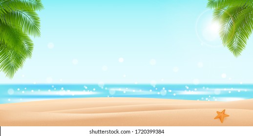 Sea panorama, Tropical beach vector background. Palm leaves sand and sea vector illustration for your design