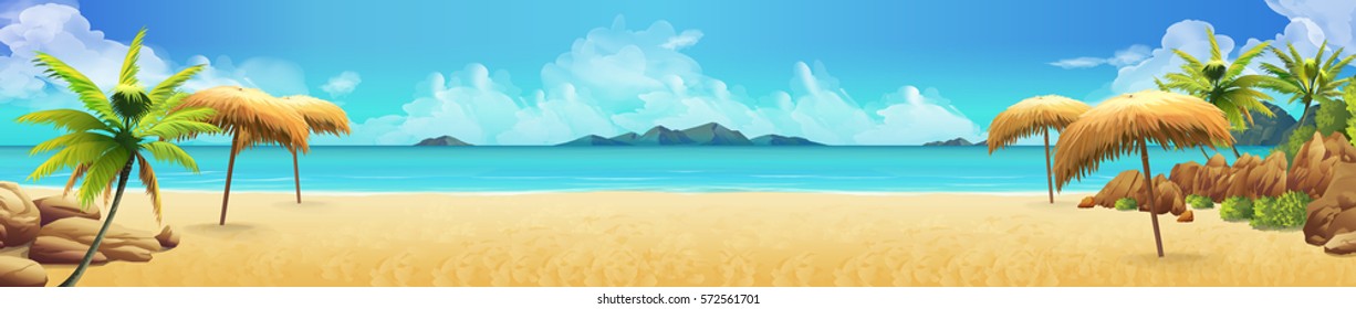 Панорама моря, тропический пляж векторный фон