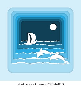 Sea paper art with ripped paper elements, white objects and shadows. Marine composition for posters and postcards.