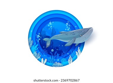 Sea paper cut banner with cartoon whale and ocean bottom silhouette. Vector 3d round frame with blue layered borders, underwater landscape with ocean water waves, sea turtle, fish, whale and bubbles