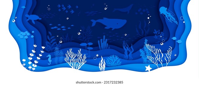 El papel marino cortó el paisaje de fondo. Las ballenas y medusas, los bancos de peces y las siluetas de tortugas crean una impresionante escena submarina. Vector 3d fondo artístico que muestra la belleza y diversidad de la vida marina