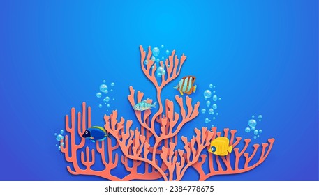 Sea paper cut corals and tropical fish on blue ocean water vector background. Cartoon copperband butterflyfish, blue and yellow tang fish swimming with bubbles near 3d papercut layered branch corals