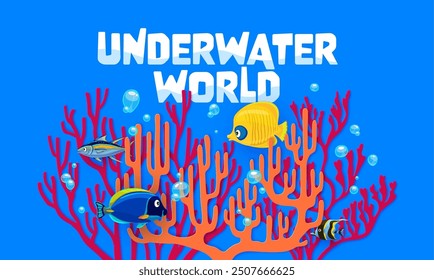 Sea paper cut corals and tropical fish, vector underwater marine life background. Ocean coral reef deep water animals and plants 3d papercut silhouettes. Bright color tropical fish shoal and bubbles