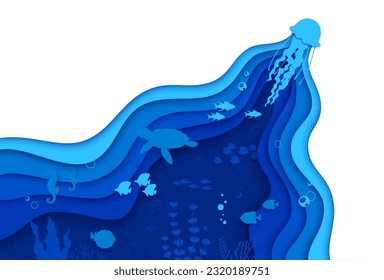 Sea paper cut jellyfish, turtle and fish shoals on ocean bottom. Vector 3d mesmerizing underwater scene with plants and animal silhouettes float effortlessly in depth of intricate wavy papercut frame