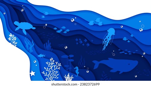 Sea paper cut landscape with water waves and animal silhouettes. 3d vector underwater world background with a diverse range of marine creatures, whale, turtle, fishes or jellyfishes in papercut style