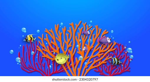 Sea paper cut poster with corals and tropical fishes for protect ocean, vector background. Sea environment conservation poster, papercut coral reef fishes for ocean day and marine nature protection