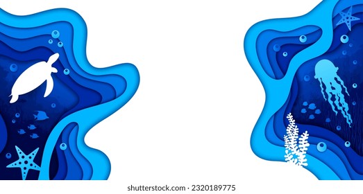 Banner de paisajes submarinos de papel marino con tortuga, medusas, pez estrella en algas marinas, corte vectorial. Fondo submarino con peces de arrecifes de coral oceánicos, paisaje submarino profundo en capas de corte de papel