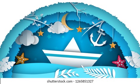 Sea paper landscape. Ship illustration. Vector eps 10