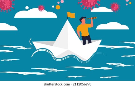 Sea paper ship with man leader. Follow boss with strategy and direction success vector illustration concept. Global business risk and  economic crisis. Investor loss market and financial problem.