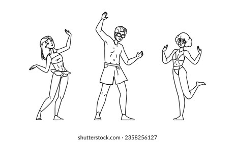 sea party beach vector. sunset holiday, travel silhouette, friends dance sea party beach character. people black line illustration