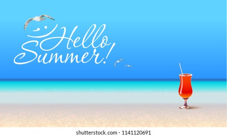 Sea party illustration. Summer time. Cocktail glass on the sand.