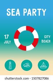 Sea party poster with lifebuoy, boat, lighthouse and hat on the gradient background. Invitation flyer template for fun night. A4 scaled vector illustration