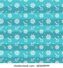 Sea pattern with anchor and helm. Aquamarine illustration.