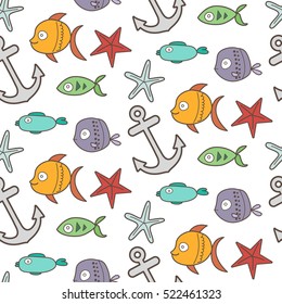 Sea pattern with anchor, seastars and different fishes.