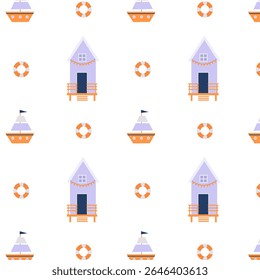 Sea pattern with a beach house and a small ship on a white background