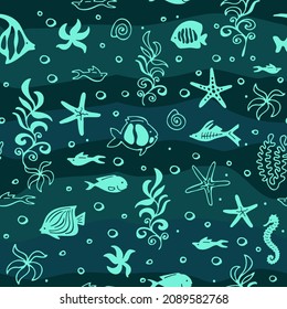 Сolorful sea pattern with cartoon fishes. Vector set. Hand drawing.