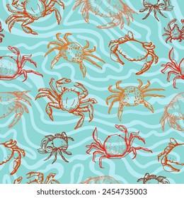 Sea pattern with crabs. Different types of crabs. Sea food, delicacy. Vector hand drawn illustration. Seamless pattern for decorating different surfaces.