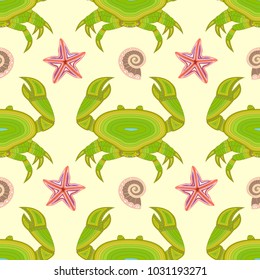sea ??seamless pattern with crabs, starfish, seashells. vector illustration