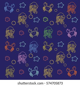 Sea pattern with crabs, starfishes, shells, mussels and bubbles