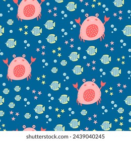 Sea pattern with a cute crab on a blue backgound. Sea life elements seamles pattern for prints and textiles, fabric and designe for children