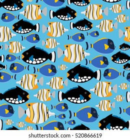 Sea pattern with different fishes on blue background. Vector underwater background