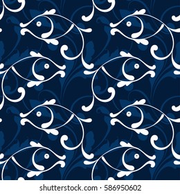 Sea pattern with fish. Seamless background with plants and animals for packaging, wrappers, textiles, wallpaper. 