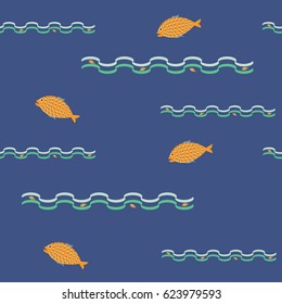 Sea pattern with fish in trendy colors. Marine seamless background for textile or book covers, manufacturing, wallpapers, print, gift wrap and scrapbooking.