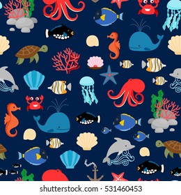 Sea pattern with fishes octopus whales and crabs on dark blue background. Vector illustration.