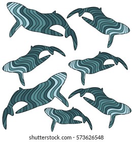 sea pattern with funny whales. Summer marina background. Stock vector.