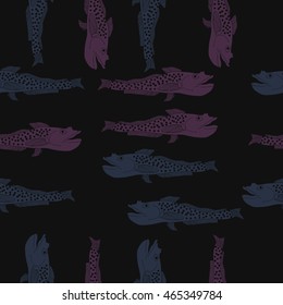 Sea  pattern,   hole, spots, fishes, doodles, seamless . Hand drawn.