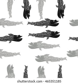 Sea  pattern,   hole, spots, fishes, doodles, seamless . Hand drawn.