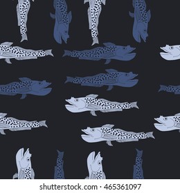 Sea  pattern,   hole, spots, fishes, doodles, seamless . Hand drawn.